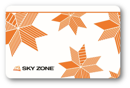 Solid white background with abstract striped orange stars, and a small Sky Zone logo in the bottom left corner.